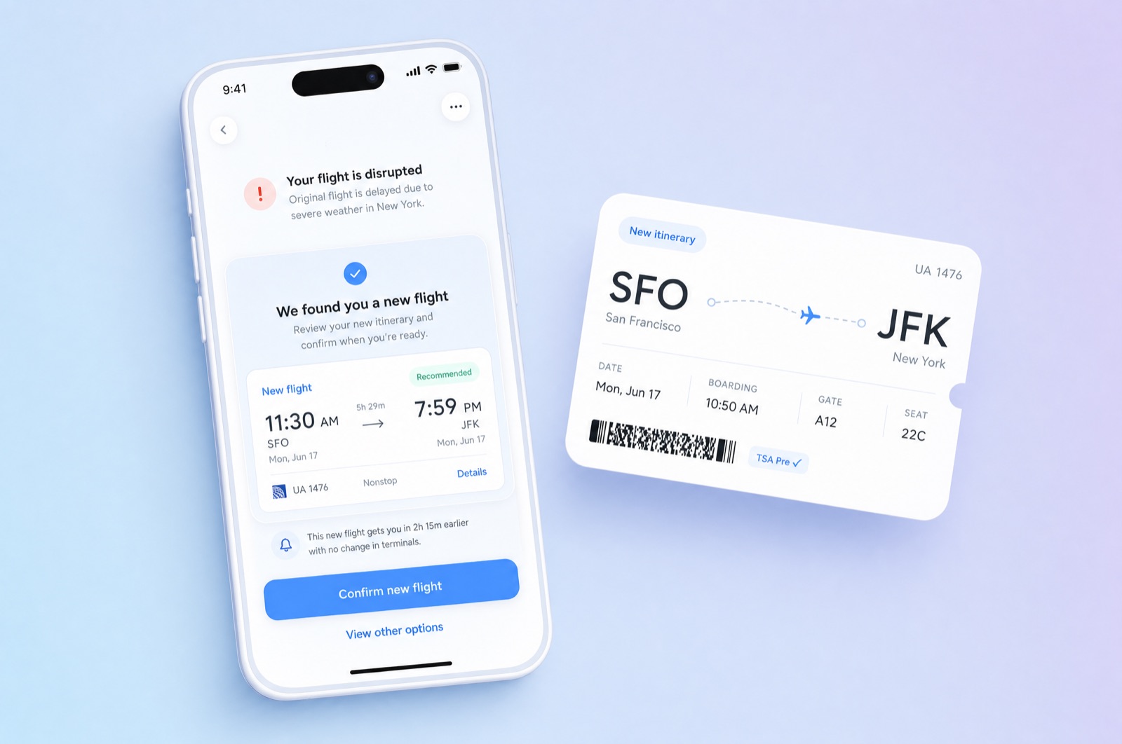 The Skylark rebooking screen and a boarding pass card on a sky-and-lavender gradient